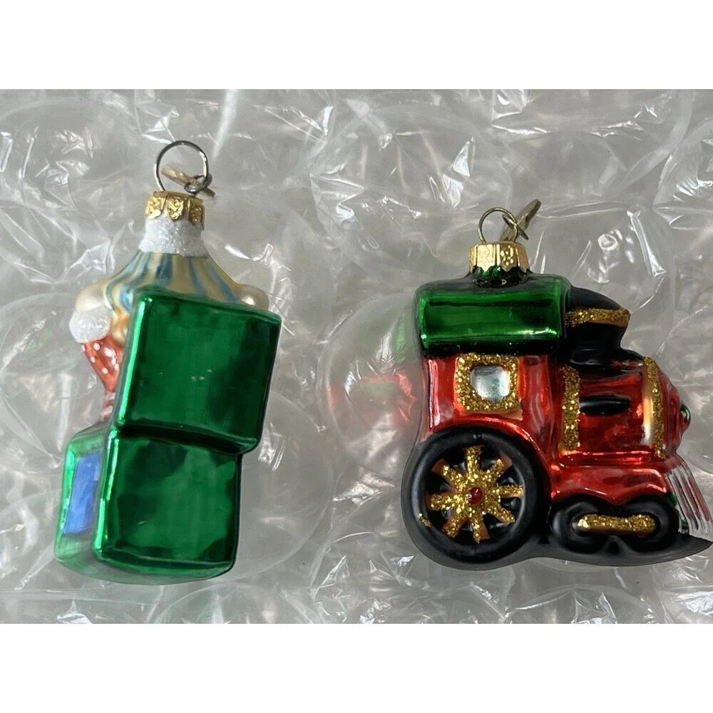 Vintage DEPT 56 Jack-in-the-Box, Train Blown Glass Christmas Ornaments Logo